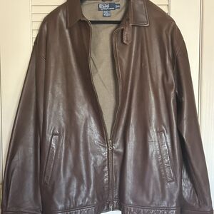Polo by Ralph Lauren Brown Leather Bomber Jacket with Zip Front